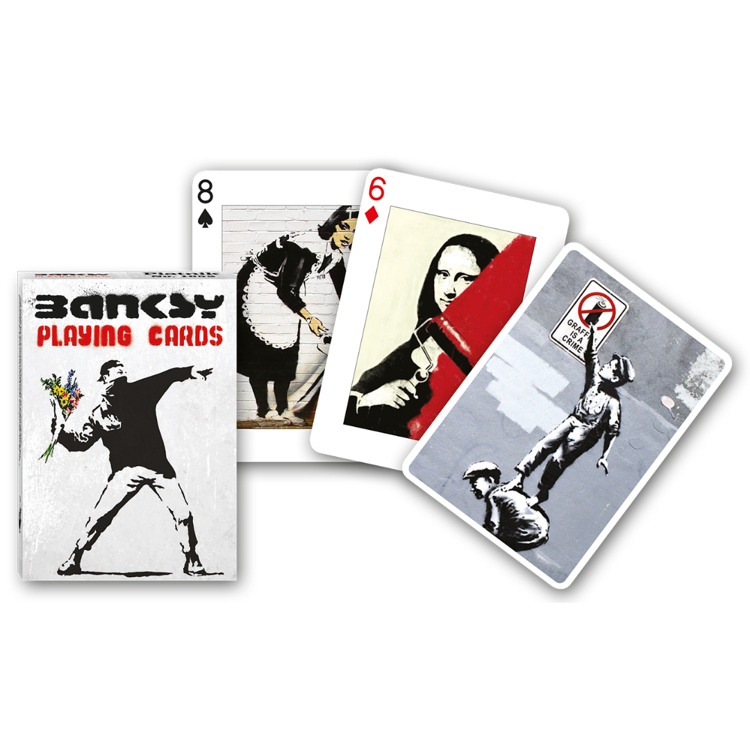 Themenkarten aus der Serie Collectors Cards von Piatnik zum Thema Banksy: Abgebildet sind die Schachtelvorderseite, zwei individuell gestaltete Karten mit Motiven von Banksy  (Maid und Mona Lisa) sowie die Kartenrückseite.
 
