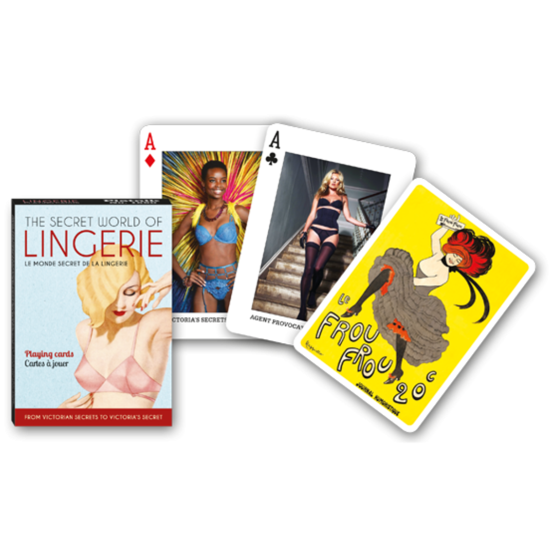Themenkarten aus der Serie Collectors Cards von Piatnik zum Thema Lingerie: Abgebildet sind die Schachtelvorderseite, zwei individuell gestaltete Karten mit passenden Motiven zum Thema sowie die Kartenrückseite.
