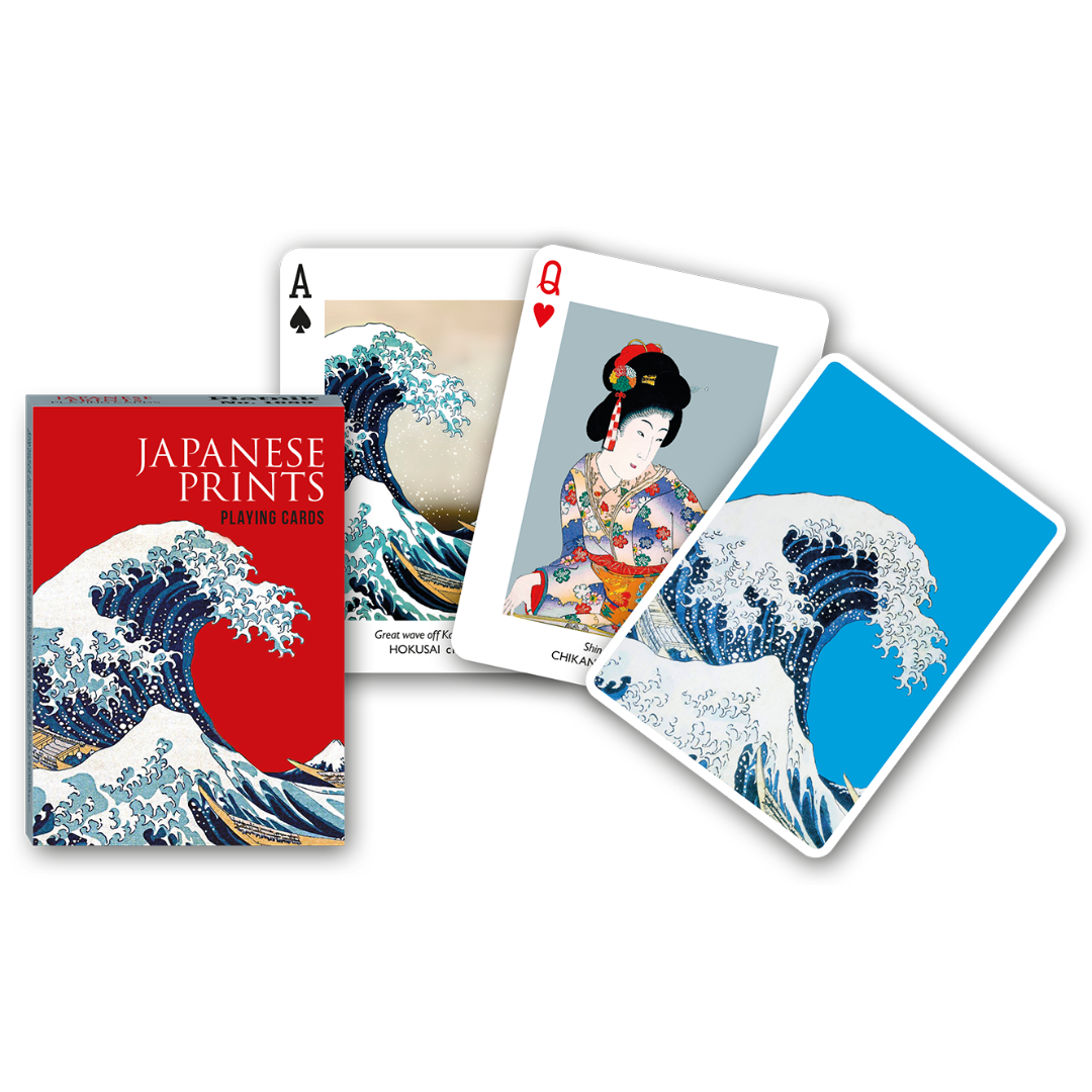 Themenkarten aus der Serie Collectors Cards von Piatnik zum Thema Japanese Prints: Abgebildet sind die Schachtelvorderseite, zwei individuell gestaltete Karten mit Motiven von Japanischen Kunstwerken sowie die Kartenrückseite.

