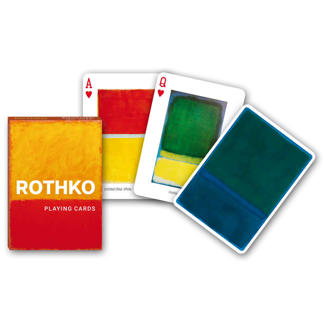 Themenkarten aus der Serie Collectors Cards von Piatnik zum Thema  Rothko: Abgebildet sind die Schachtelvorderseite, zwei individuell gestaltete Karten mit Motiven von Rothko sowie die Kartenrückseite.
