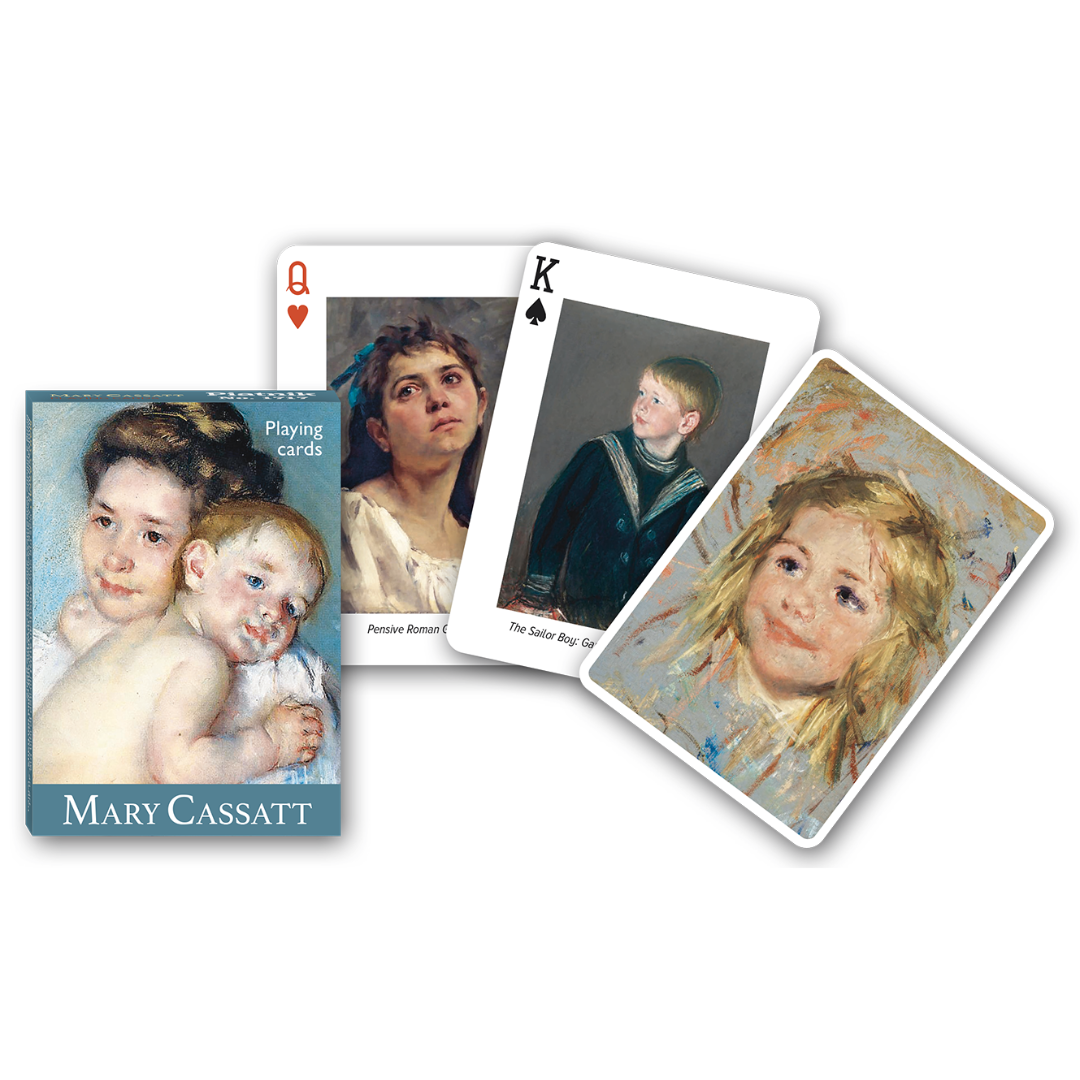 Themenkarten aus der Serie Collectors Cards von Piatnik zum Thema Mary Cassatt: Abgebildet sind die Schachtelvorderseite, zwei individuell gestaltete Karten mit Motiven von Mary Cassatt sowie die Kartenrückseite.

