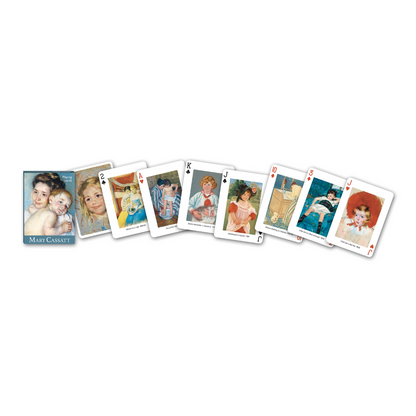 Themenkarten aus der Serie Collectors Cards von Piatnik – Mary Cassatt: Gezeigt werden die Vorderseite der Schachtel, eine Auswahl individuell gestalteter Spielkarten mit Mary Cassatt-Motiven sowie die gemeinsame Rückseite der Karten.
