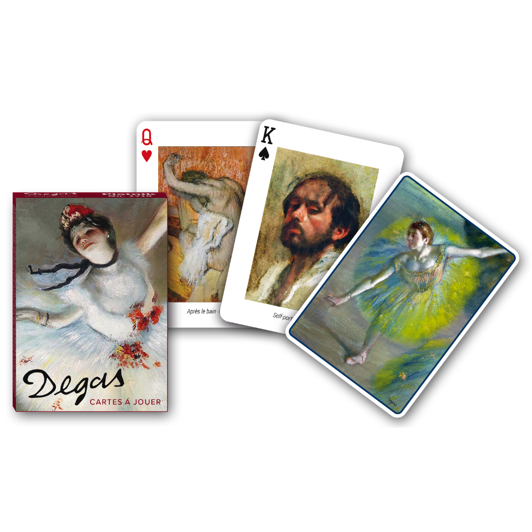 Themenkarten aus der Serie Collectors Cards von Piatnik zum Thema Degas: Abgebildet sind die Schachtelvorderseite, zwei individuell gestaltete Karten mit Motiven von Degas sowie die Kartenrückseite.