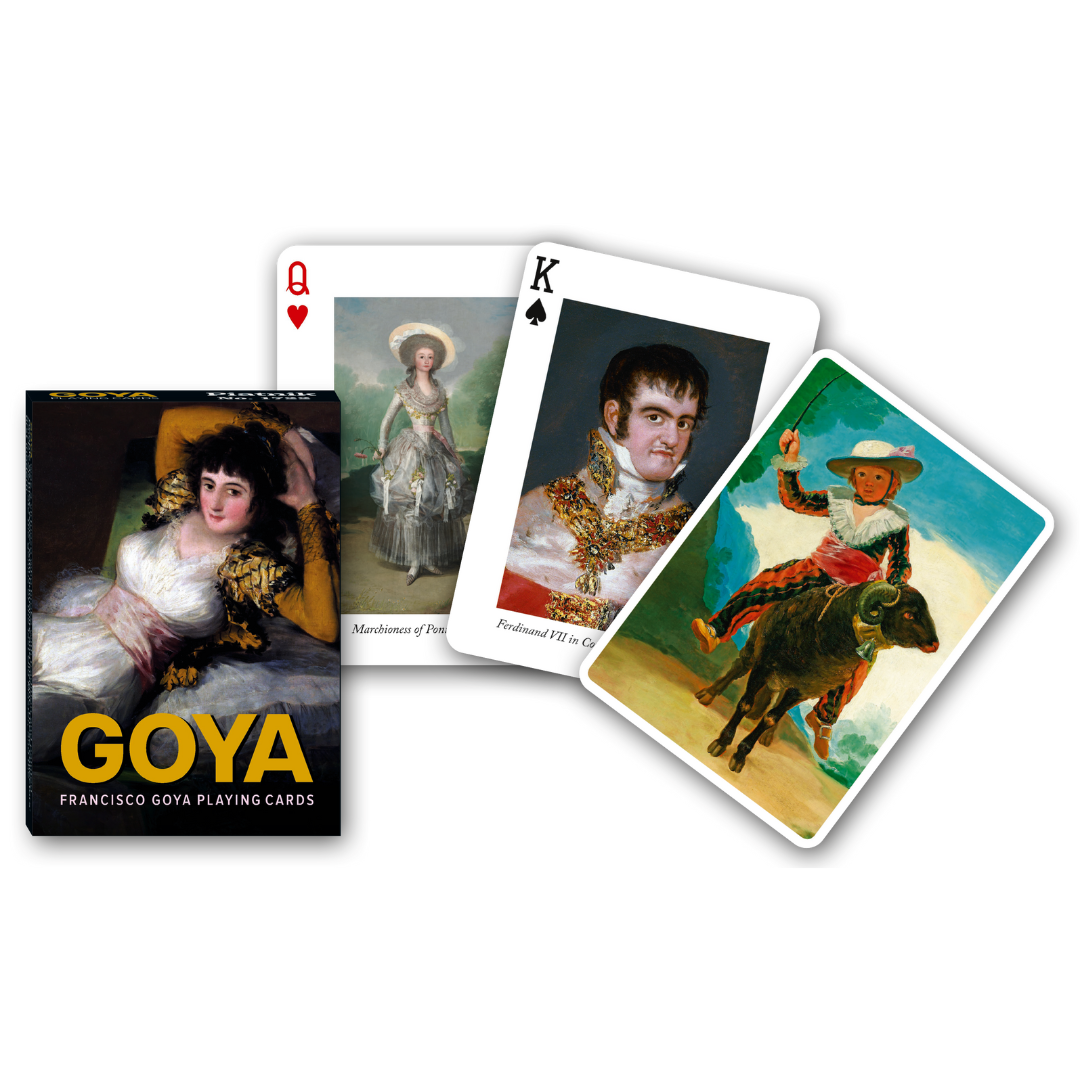 Themenkarten aus der Serie Collectors Cards von Piatnik zum Thema Francisco Goya: Abgebildet sind die Schachtelvorderseite, zwei individuell gestaltete Karten mit Motiven von Goya sowie die Kartenrückseite.
