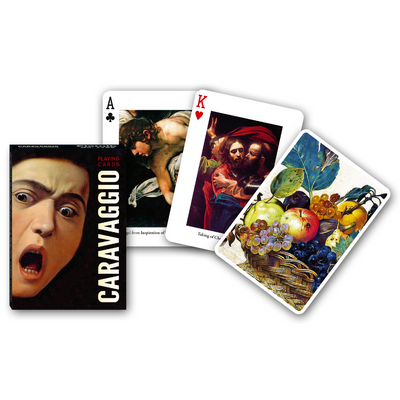 Themenkarten aus der Serie Collectors Cards von Piatnik zum Thema Caravaggio: Abgebildet sind die Schachtelvorderseite, zwei individuell gestaltete Karten mit Motiven von Caravaggio sowie die Kartenrückseite.

