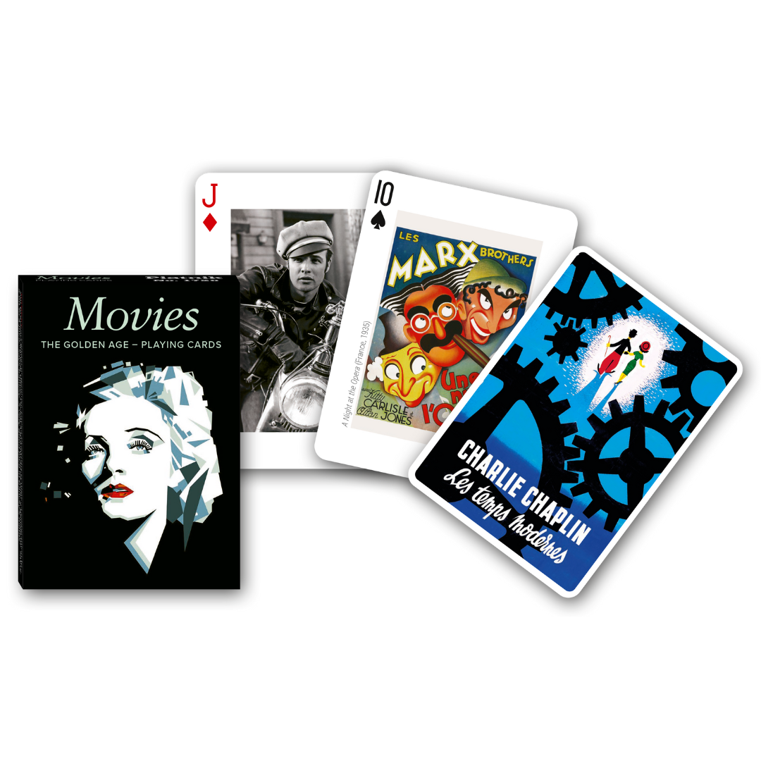 Themenkarten aus der Serie Collectors Cards von Piatnik zum Thema Movies- The Golden Age: Abgebildet sind die Schachtelvorderseite, zwei individuell gestaltete Karten mit passenden Motiven zum Thema sowie die Kartenrückseite.

