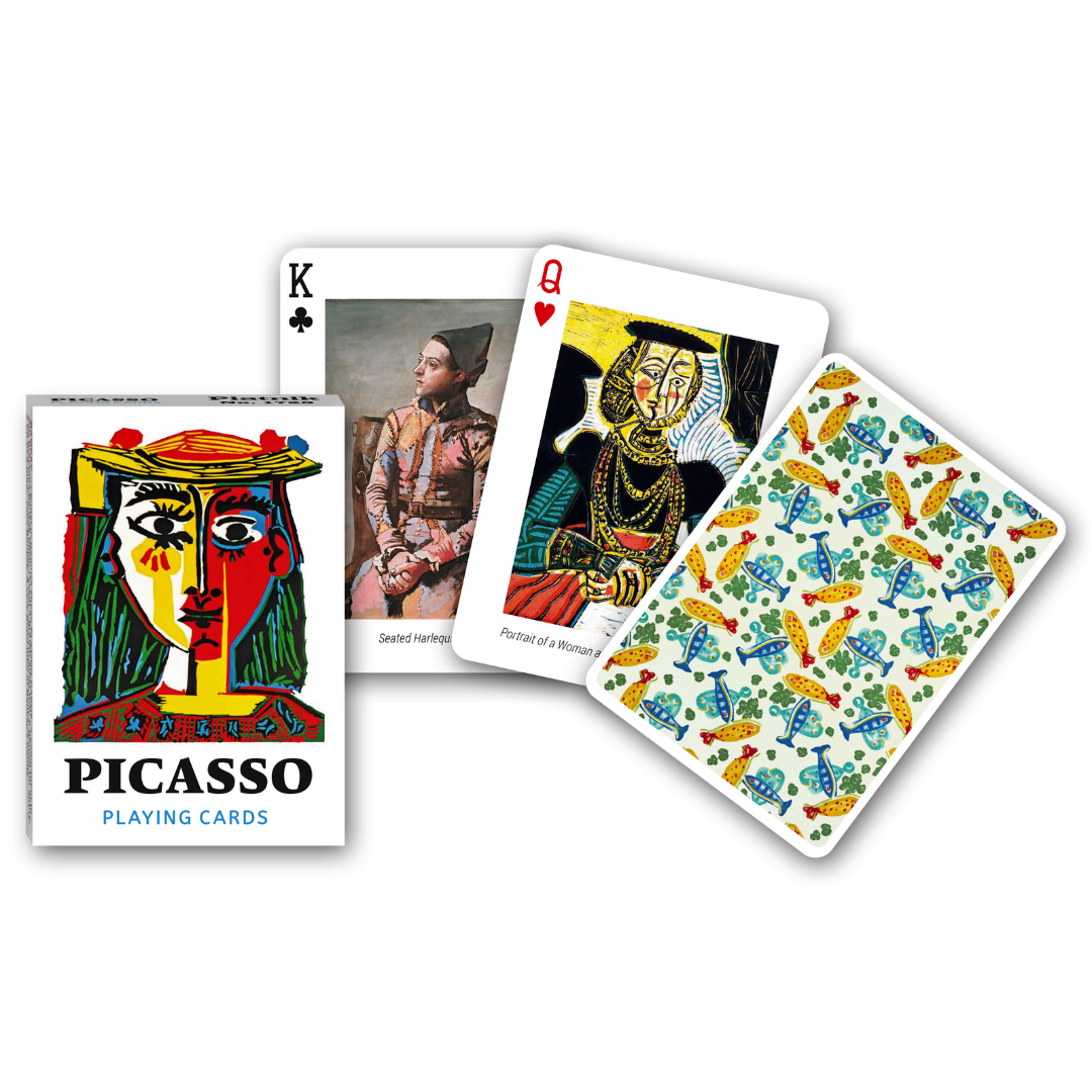 Themenkarten aus der Serie Collectors Cards von Piatnik zum Thema Picasso: Abgebildet sind die Schachtelvorderseite, zwei individuell gestaltete Karten mit Motiven von Picasso sowie die Kartenrückseite.
