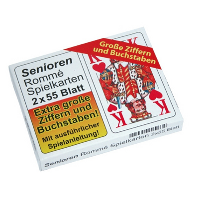 Verpackung der Seniorenspielkarten - Doppelspiel in Faltschachtel. - ausgelobt grosse Ziffern und Buchstaben. 