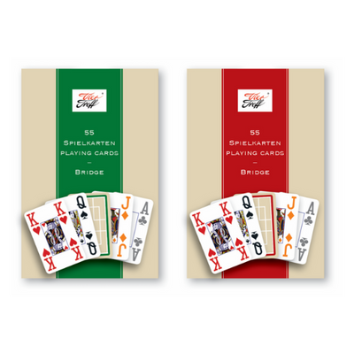 Die hochglanzlaminierten Boxen der Spielkarten mit extragroßen Eckzeichen, 100% symmetrisch und Farbdifferenzierung für die bessere Lesbarkeit mit grünem Rand bzw. rotem Rand der Kartenrückseite. 