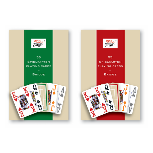 Die hochglanzlaminierten Boxen der Spielkarten mit extragroßen Eckzeichen, 100% symmetrisch und Farbdifferenzierung für die bessere Lesbarkeit mit grünem Rand bzw. rotem Rand der Kartenrückseite. 