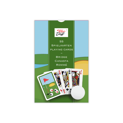 Die hochglanzlaminierten Boxen der Spielkarten mit Golfmotiv - die Box mit dem Kartendeck mit dem grünen Rand auf der Kartenrückseite.  