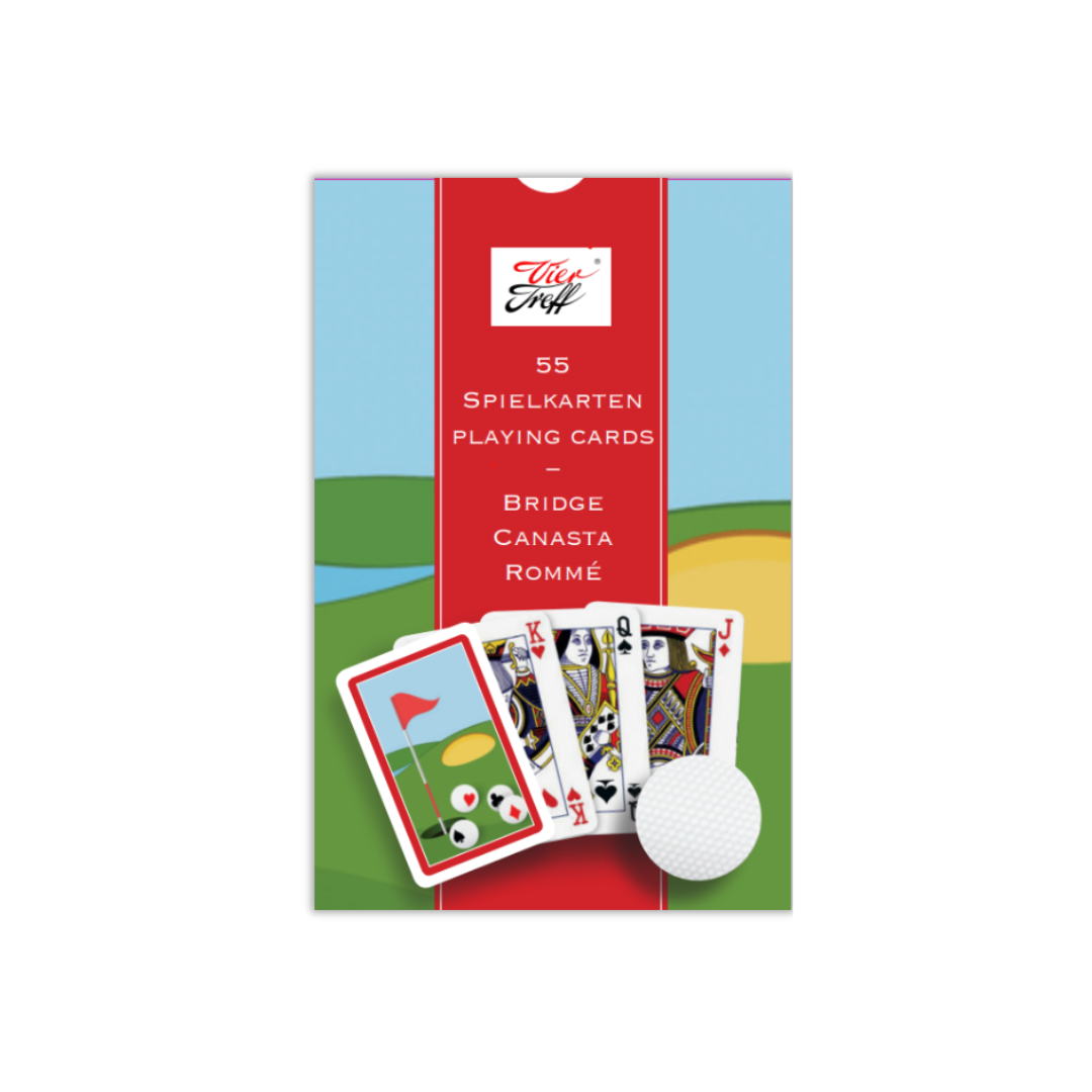 Die hochglanzlaminierten Boxen der Spielkarten mit Golfmotiv - die Box mit dem Kartendeck mit dem roten Rand auf der Kartenrückseite.  
