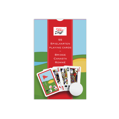 Die hochglanzlaminierten Boxen der Spielkarten mit Golfmotiv - die Box mit dem Kartendeck mit dem roten Rand auf der Kartenrückseite.  