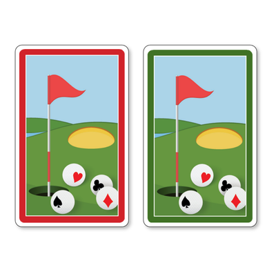 Die Kartenrückseite der Spielkarten mit Golfmotiv - einmal der Karte mit dem roten Rand, einmal der Karte mit dem grünen Rand. 