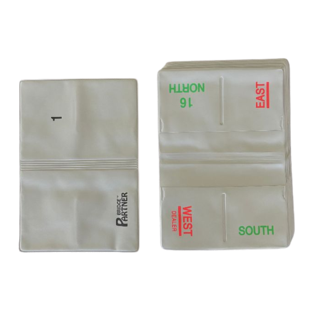 Aufgeklappte Bridge Duplicate Wallets in grau, einmal die Vorderseite von Bridge Board Nummer 1, einmal die Rückseite von Nummer 16.