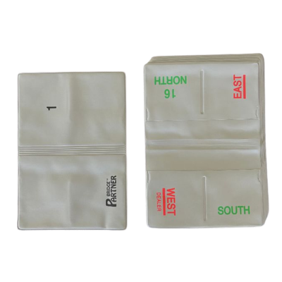 Aufgeklappte Bridge Duplicate Wallets in grau, einmal die Vorderseite von Bridge Board Nummer 1, einmal die Rückseite von Nummer 16.